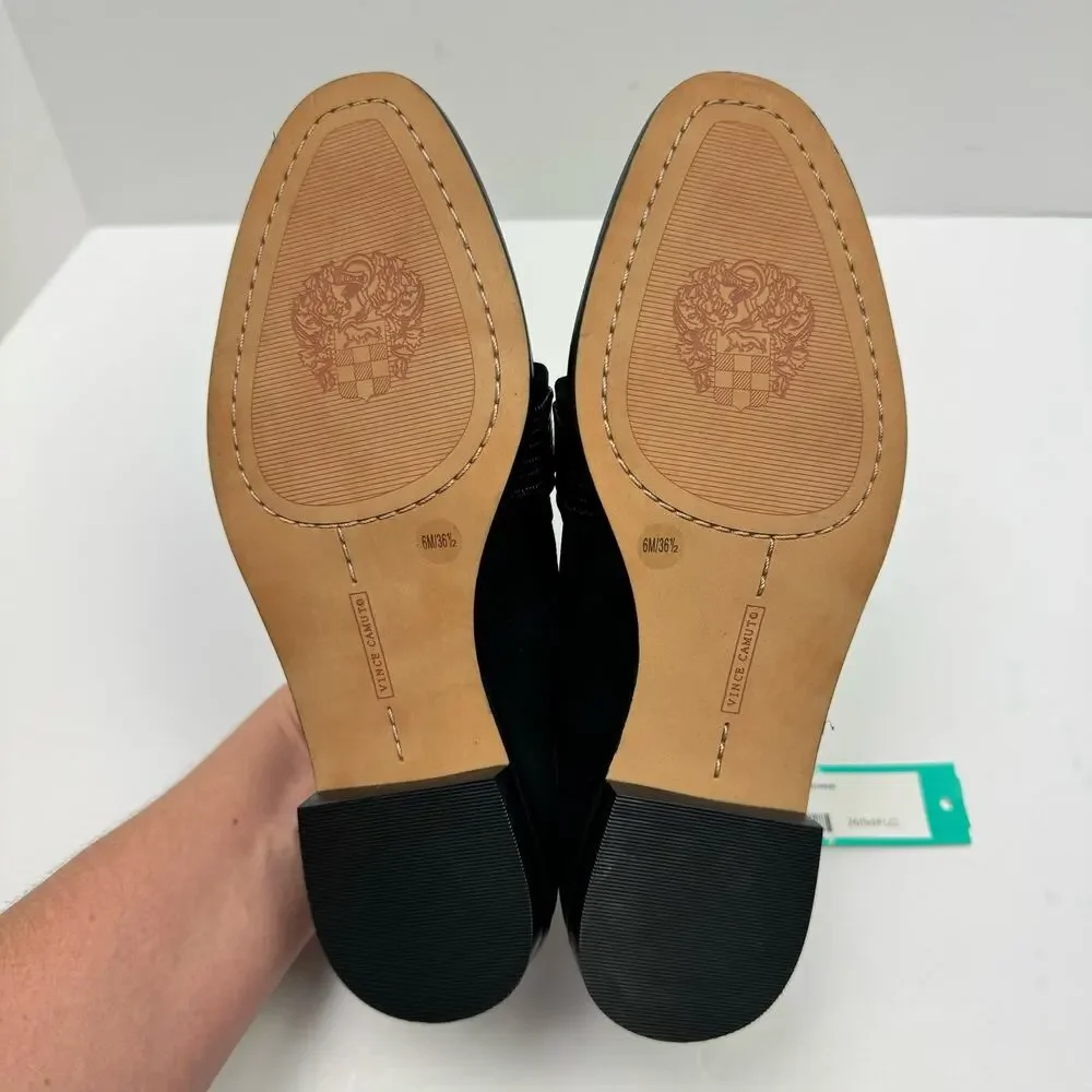 NEW Vince Camuto Cenkanda Black Leather & Suede Gold Buckle Slip On Loafer Flat